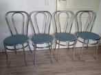 Set van 4 vintage bistro stoelen (chroom, stoffen zitting), Huis en Inrichting, Stoelen, Ophalen, Gebruikt, Blauw, Metaal