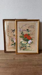 2 Oude Chinese Schilderijen Bloemen op Zijden, Gouden Lijst, Antiek en Kunst, Kunst | Niet-Westerse kunst, Ophalen of Verzenden