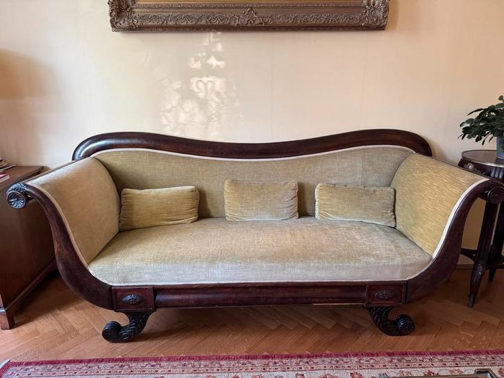 Antieke bank met groene bekleding, Huis en Inrichting, Banken | Sofa's en Chaises Longues, Gebruikt, Driepersoons, 200 tot 250 cm
