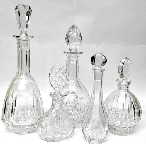 Set van 5 karaffen + vaas van geslepen  kristal,  puntgaaf!, Antiek en Kunst, Antiek | Glas en Kristal, Ophalen