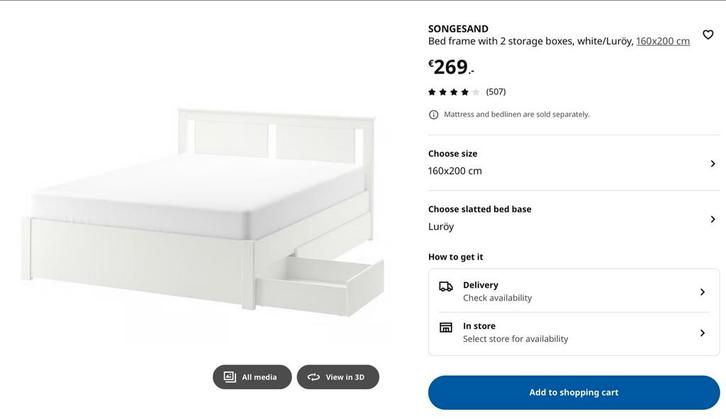 Ikea Songesand Bedframe 160x200 + Luröy Lattenbodem, Huis en Inrichting, Slaapkamer | Bedden, Gebruikt, Tweepersoons, Ophalen