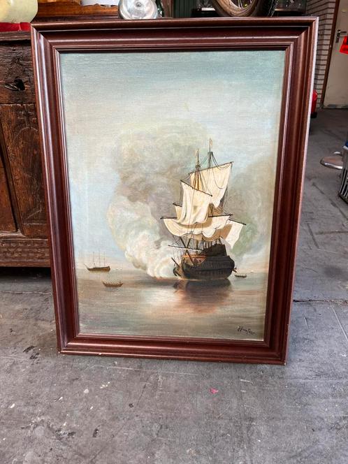 Antiek schilderij, oorlogsschip “het kanonschot”, Antiek en Kunst, Kunst | Schilderijen | Klassiek, Verzenden