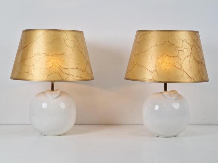 Set 2 vintage appel tafellamp keramiek wit postmodern ‘70, Huis en Inrichting, Lampen | Tafellampen, Gebruikt, Minder dan 50 cm