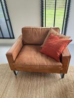 Champagne kleurige 1,5-zits fauteuil, Ophalen, Zo goed als nieuw, Vierpersoons of meer, Leer