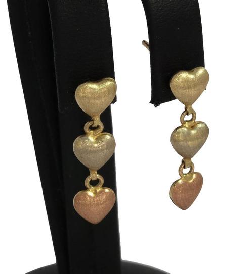 Hartjes tricolor fraai 14k gouden set dames oorbellen luxe, Sieraden, Tassen en Uiterlijk, Oorbellen, Zo goed als nieuw, Hangers