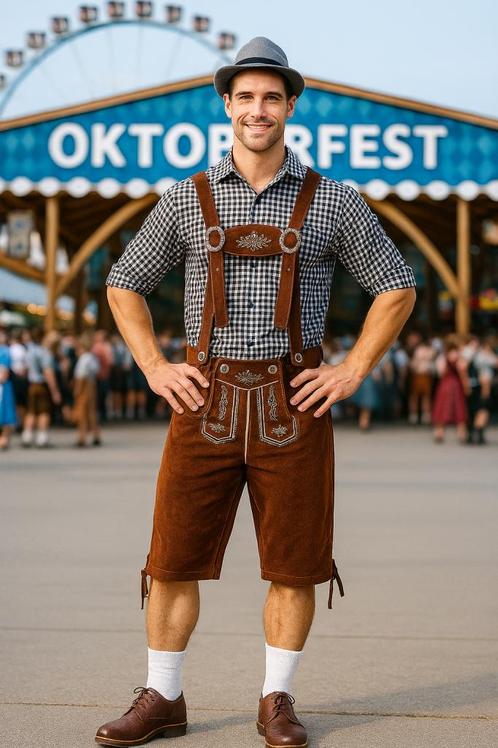 Grijs Oktoberfest Kostuum met Bruine Lederhosen - Maat XL, Kleding | Heren, Carnavalskleding en Feestkleding