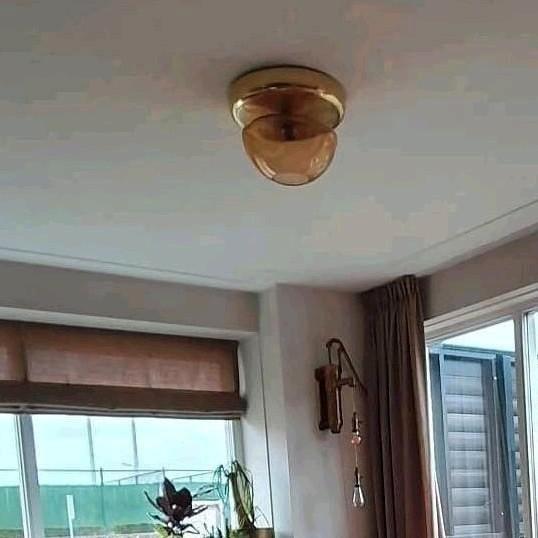 Echt vintage plafonniere plafondlamp goud bruin rookglas, Huis en Inrichting, Lampen | Plafondlampen, Gebruikt, Glas, Ophalen of Verzenden