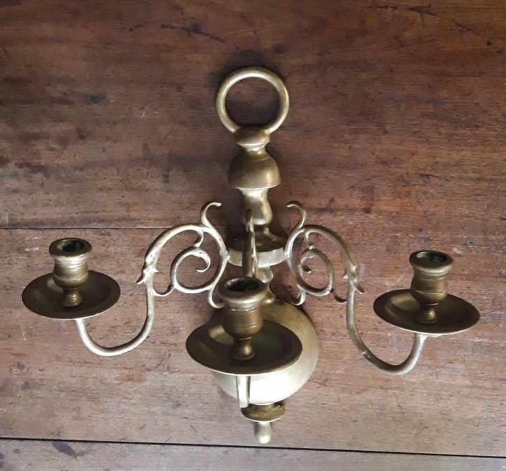 Oudhollandse 3-arms wandkandelaar. Messing., Huis en Inrichting, Woonaccessoires | Kandelaars en Kaarsen, Gebruikt, Kandelaar
