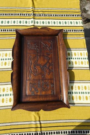 oud dienblad - Mahonie hout - fraai bewerkt - zee taferelen beschikbaar voor biedingen