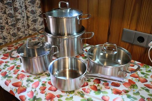 Robuuste pannenset van het Duitse topmerk ROHE, Huis en Inrichting, Keuken | Potten en Pannen, Gebruikt, Pannenset, Rvs, Inductieplaat