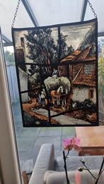 Oude glas in lood raam met boerderij tafereel, Ophalen of Verzenden