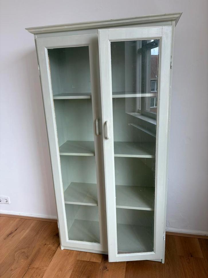 Vintage vitrine kastje met glazen deurtjes mint groen, Huis en Inrichting, Kasten | Vitrinekasten, Gebruikt, Minder dan 100 cm