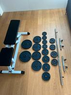 Fitnesset - fitnessbank, halterstang en dumbells - 73 KG, Ophalen, Zo goed als nieuw, Benen, Fitnessbank