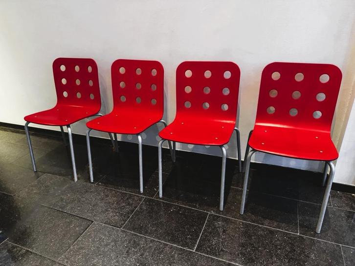 IKEA JULES stoelen – set van 4 – rood – uitstekende staat, Huis en Inrichting, Stoelen, Zo goed als nieuw, Vier, Hout, Metaal