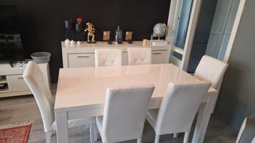 Hoogglans Witte Eettafel  90x160 cm + 6 Witte Leren stoelen beschikbaar voor biedingen