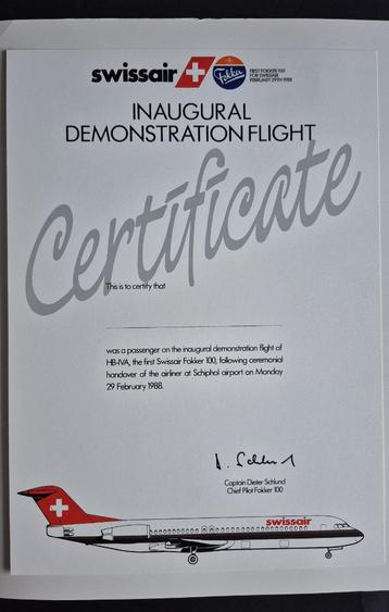 Swissair Fokker 100 Certificaat (N233)  beschikbaar voor biedingen