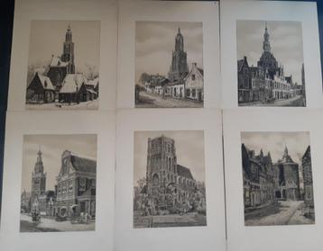 Etsen van Eugène Rensburg:6 stuks van kerken/dorpsgezichten beschikbaar voor biedingen