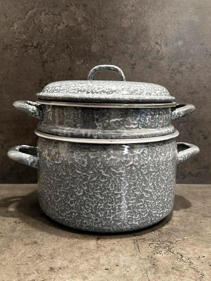 Emaille Stoompan Grijs Gewolkt, Huis en Inrichting, Keuken | Potten en Pannen, Gebruikt, Kookpan of Snelkookpan, Overige materialen