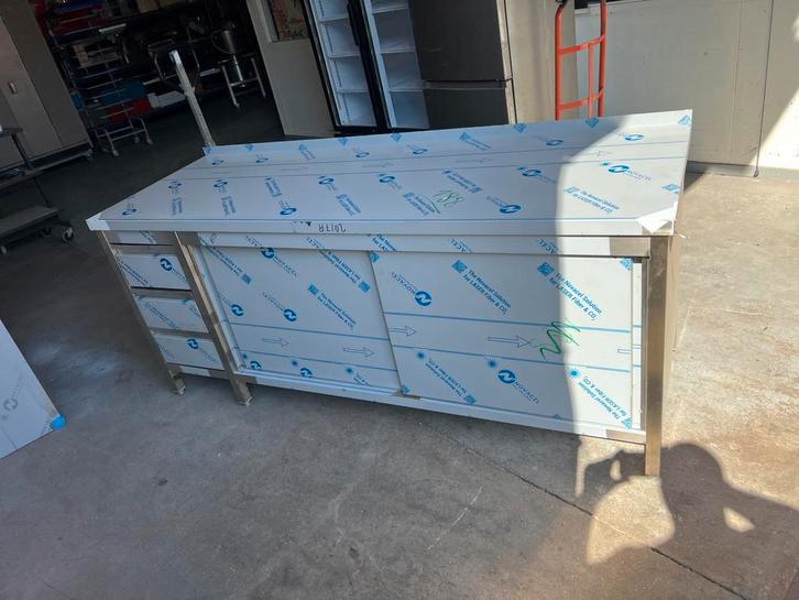 Rvs horeca werkbank werktafel met schuifdeuren en laden Euro, Doe-het-zelf en Verbouw, Werkbanken, Zo goed als nieuw, 170 cm of meer