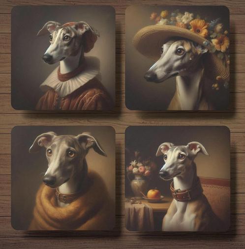 Whippet Rembrandt stijl onderzetters met houder, Huis en Inrichting, Woonaccessoires | Onderzetters, Nieuw, Glas of Kopje, Ophalen of Verzenden