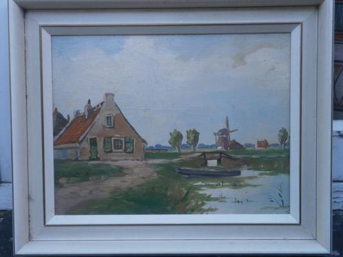 Mooi Hollands Landschapje, Boerderij, vaart en roeibootje, Antiek en Kunst, Kunst | Schilderijen | Klassiek, Ophalen