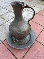 Antieke Tinnen Waterkan met Schotel, Antiek en Kunst, Antiek | Tin, Ophalen of Verzenden