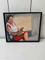Vrouw leest boek schilderij Omar Logang 27x23 cm, Ophalen of Verzenden