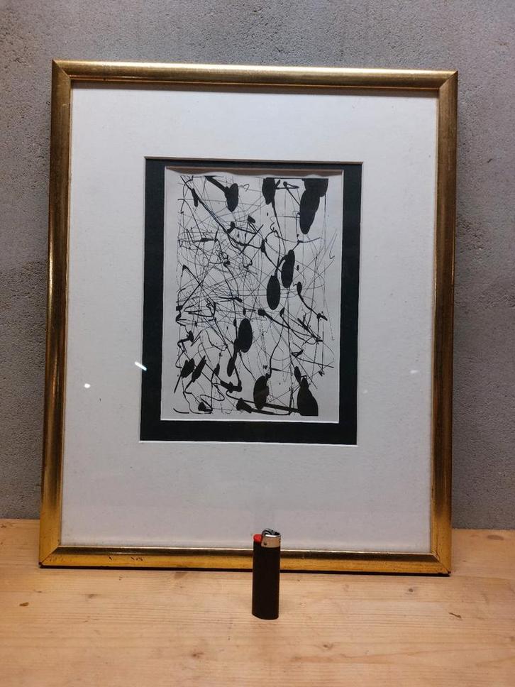 Abstract schilderij in Pollock-stijl – zwart-wit – ingelijst, Antiek en Kunst, Kunst | Schilderijen | Abstract, Ophalen of Verzenden