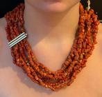 Bloedkoraal 6-strengs antieke ketting fraai slot zilver dame, Verzenden, Zilver, Ketting, Met edelsteen
