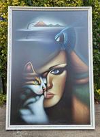 Vintage/Schilderij/Dame met poes, Antiek en Kunst, Ophalen of Verzenden