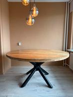 Ronde eiken tafel met stalen poot, Huis en Inrichting, Tafels | Eettafels, Ophalen, 150 tot 200 cm, Zo goed als nieuw, Vijf personen of meer