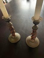 Vintage houten kandelaars met metalen voet-set van 2, Ophalen of Verzenden, Overige materialen