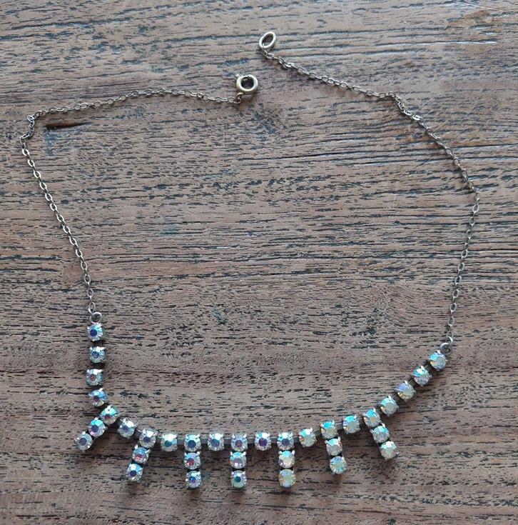 Vintage Strass Ketting, Sieraden, Tassen en Uiterlijk, Kettingen, Gebruikt, Overige materialen, Zilver, Met strass, Verstelbaar