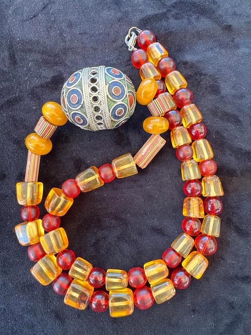 Vintage Ketting met Glazen Kralen en Zilver, Sieraden, Tassen en Uiterlijk, Kettingen, Gebruikt, Overige materialen, Geel, Ophalen of Verzenden