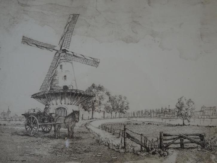 Ets zicht op Ravenstein, molen paard en wagen A. van Woensel, Antiek en Kunst, Kunst | Etsen en Gravures, Verzenden