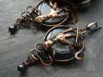 Grote oorbellen met agate en parels, Overige materialen, Hangers, Zwart, Nieuw