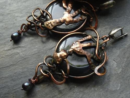Grote oorbellen met agate en parels, Sieraden, Tassen en Uiterlijk, Oorbellen, Nieuw, Hangers, Overige materialen, Zwart, Met edelsteen
