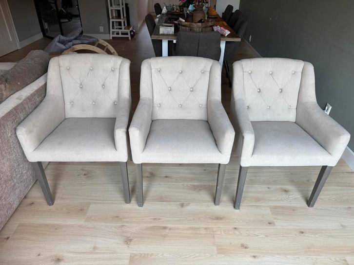 3 stoelen en eetbank landelijk/ beige, Huis en Inrichting, Stoelen, Gebruikt, Drie, Stof, Overige kleuren, Ophalen of Verzenden