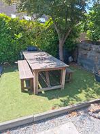 vuurtafel van hardhout met 2 bankjes en gasfles, Tuin en Terras, Ophalen, Gebruikt, Hout