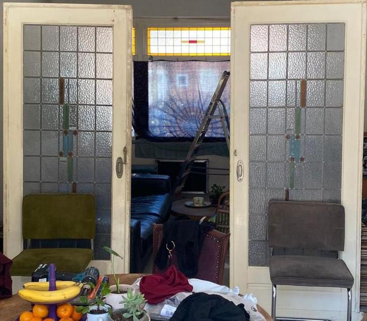 Originele jaren 30 ensuite glas in lood schuifdeuren., Doe-het-zelf en Verbouw, Deuren en Horren, Gebruikt, Binnendeur, 200 tot 215 cm