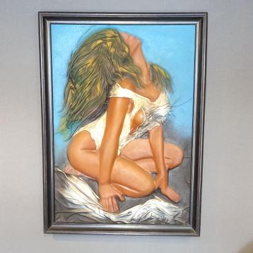 Vintage XL leren reliëf schilderij van een sexy dame beschikbaar voor biedingen