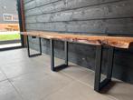 Tuinbank boomstam blad hardhout met metalen onderstel, Ophalen, Nieuw, Hout