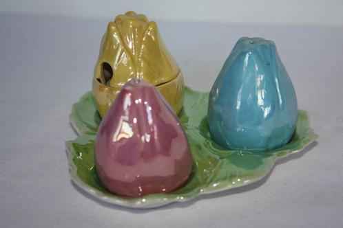 Peper en zoutvaatje, mosterdpotje op blaadje, Antiek en Kunst, Antiek | Servies compleet, Ophalen of Verzenden