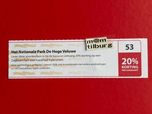 Bon 53 Het Nationale Park De Hoge Veluwe 20% korting, Tickets en Kaartjes, Kortingen en Cadeaubonnen, Drie personen of meer, Overige typen