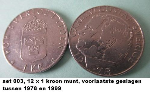 Zweden, set van 12 stuks 1 kroon munten, 1978/1999, Postzegels en Munten, Munten | Europa | Niet-Euromunten, Setje, Overige landen