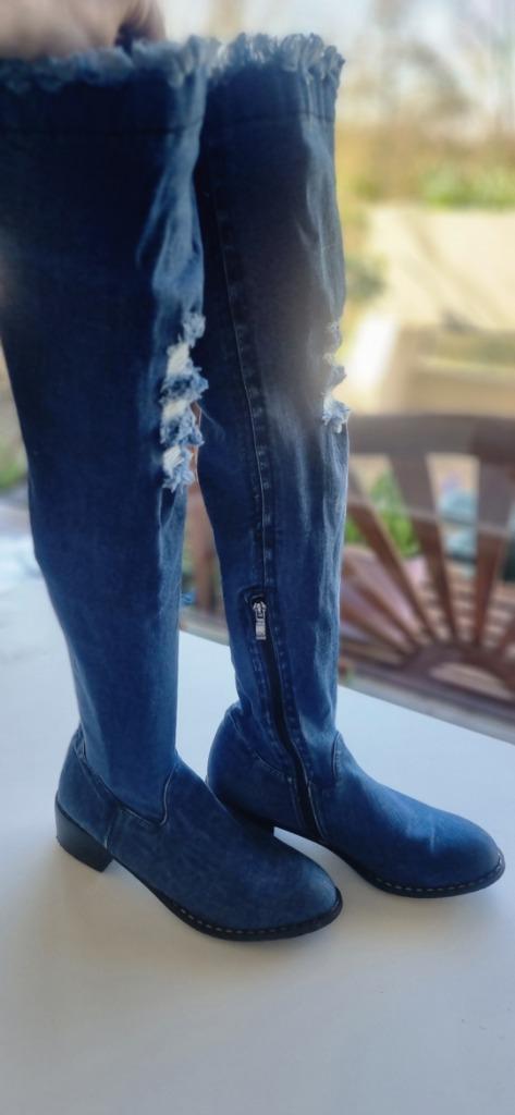 Spijkerstofoverknee laarzen, Kleding | Dames, Schoenen, Zo goed als nieuw, Hoge laarzen, Blauw, Verzenden