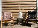 Vintage bamboe fauteuils bruin leer, Ophalen, Gebruikt, 50 tot 75 cm, Leer