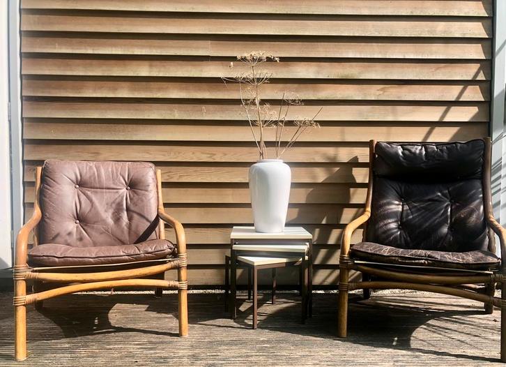 Vintage bamboe fauteuils bruin leer, Huis en Inrichting, Fauteuils, Gebruikt, Leer, 50 tot 75 cm, 75 tot 100 cm, Ophalen