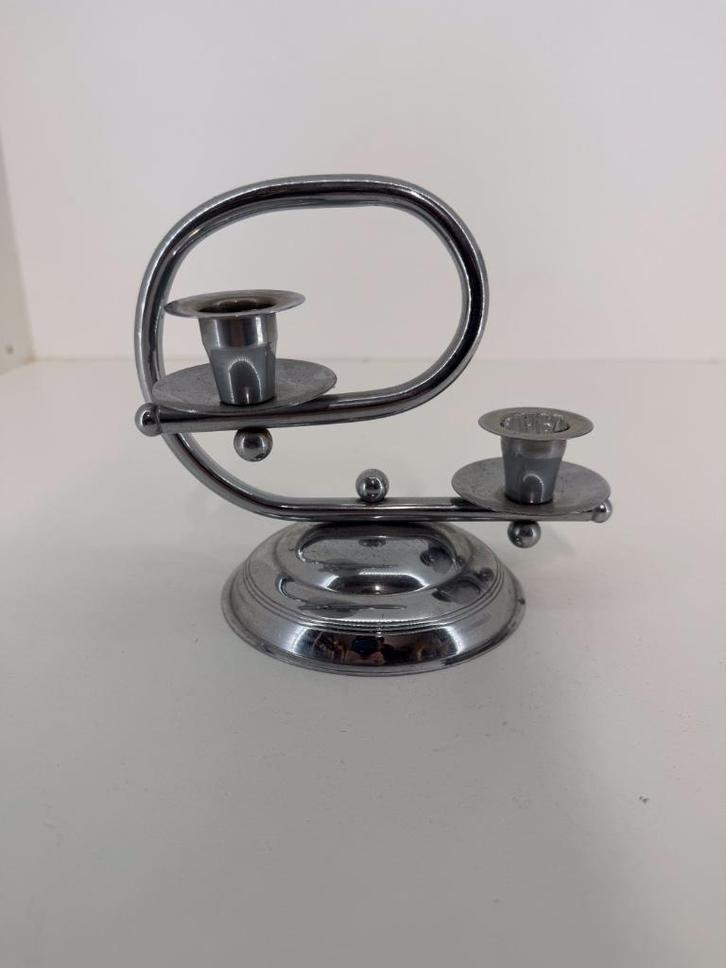 Art-deco stijl kaarsenstandaard (verchroomd metaal), Antiek en Kunst, Antiek | Lampen, Ophalen of Verzenden