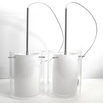 Hanglampen - design - wit glas met rvs - 2 stuks beschikbaar voor biedingen